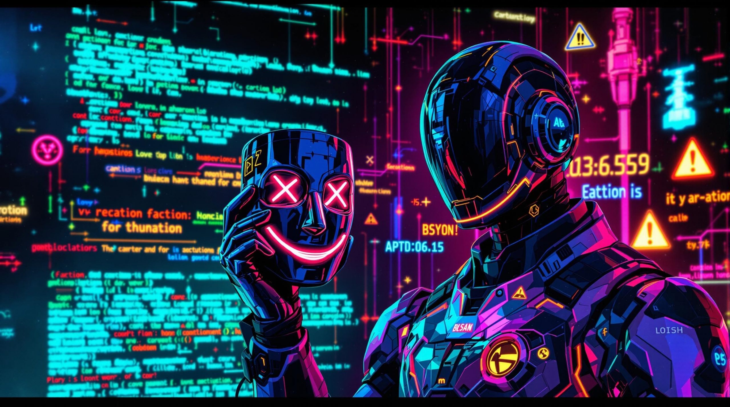 robot holding smiling mask